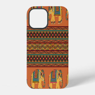 Coque iPhone 12 Éléphants Indiens, Couture Traditionnelle Orange S