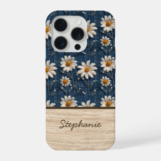 Coque iPhone 15 Pro Embroidered Daisy Denim Phone Case with Name