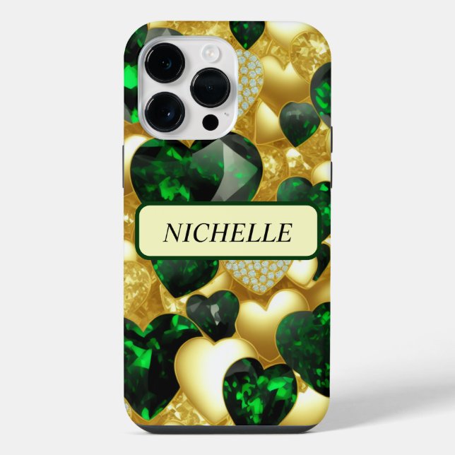 Coque iPhone Emerald, Gold & Diamond Hearts (Verso)