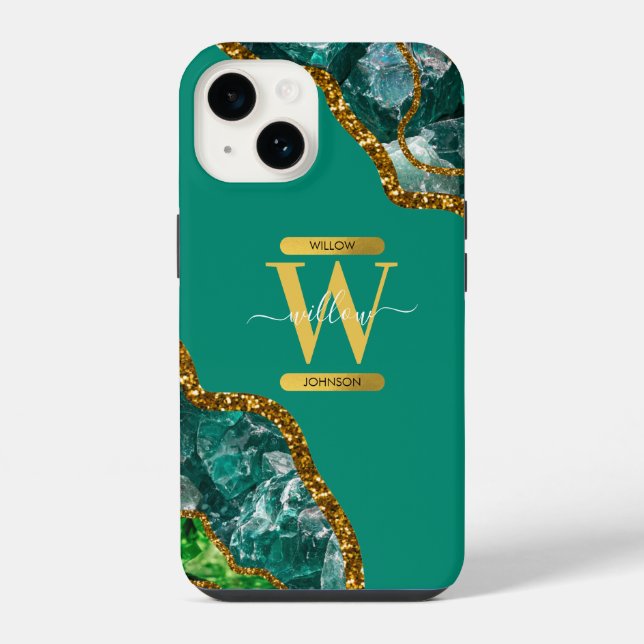 Coque iPhone Emerald Green & Gold Agate Géode Monogramme (Verso)