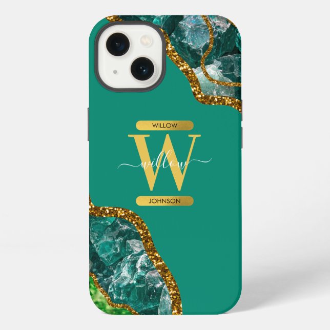 Coque iPhone Emerald Green & Gold Agate Géode Monogramme (Verso)