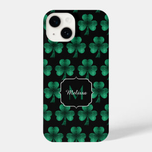 Coque Pour iPhone 14 Emerald Green Sparkle Shamrock noir Monogramme