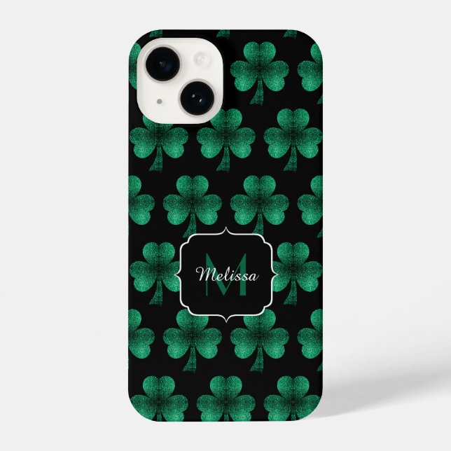Coque iPhone Emerald Green Sparkle Shamrock noir Monogramme (Verso)