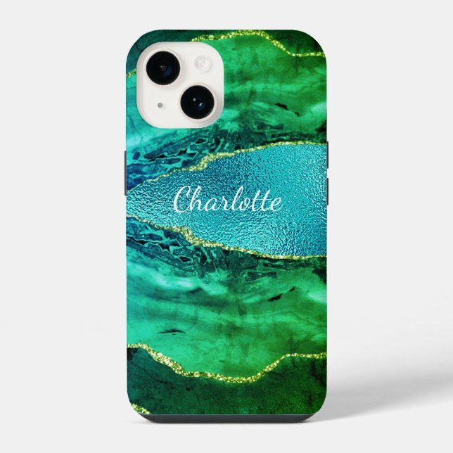 Coque iPhone Émeraude vert bleu agate nom de marbre (Verso)