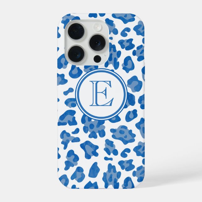 Coque iPhone Empreinte de léopard Monogramme Bleu Et Blanc (Verso)