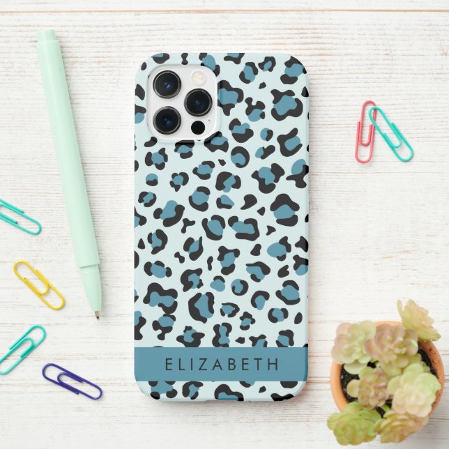 Coque iPhone Empreinte de léopard, Spots, Leopard Bleu, Votre N (Sur le bureau)