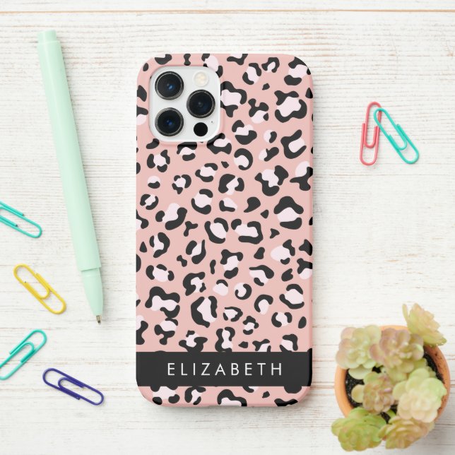 Coque iPhone Empreinte de léopard, Spots, Leopard Rose, Votre N (Sur le bureau)