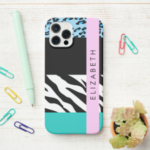 Coque iPhone 12 Pro Empreinte de léopard, Zebra Print, Bleu, Votre nom