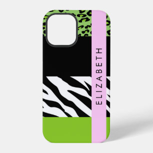 Coque iPhone 12 Pro Empreinte de léopard, Zebra Print, Vert, Votre nom