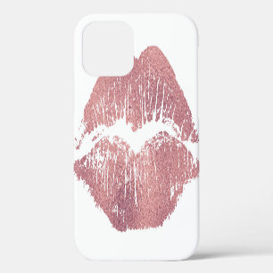 Coque iPhone 12 Empreinte de lèvre rose vintage, or rose.