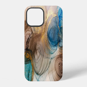 Coque iPhone 12 Encre D'Alcool, Minéral Bleu Abstrait.