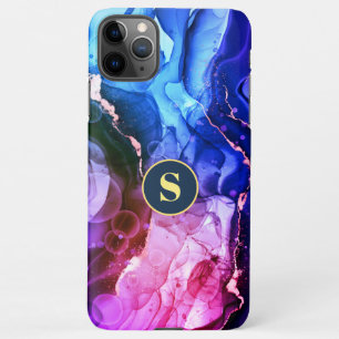 Coque iPhone 11Pro Max Encre Liquide Bleue, Violette Et Rouge, Monogramme