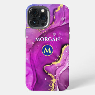 Etui iPhone 13 Pro Max Encre Liquide Rouge-Violet & Or, Monogramme & Nom