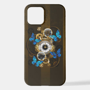 Coque iPhone 12 Engrenages à vapeur et papillons bleus