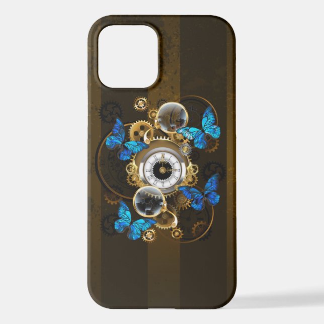 Coque iPhone Engrenages à vapeur et papillons bleus (Verso)