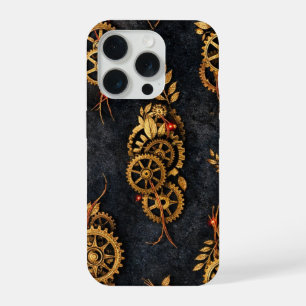 Coque iPhone 15 Pro Engrenages dorés vintage et néon rouge Cyberpunk m
