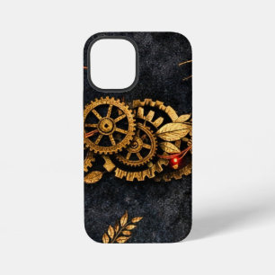 Coque iPhone 12 Mini Engrenages dorés vintage et néon rouge mythique Cy