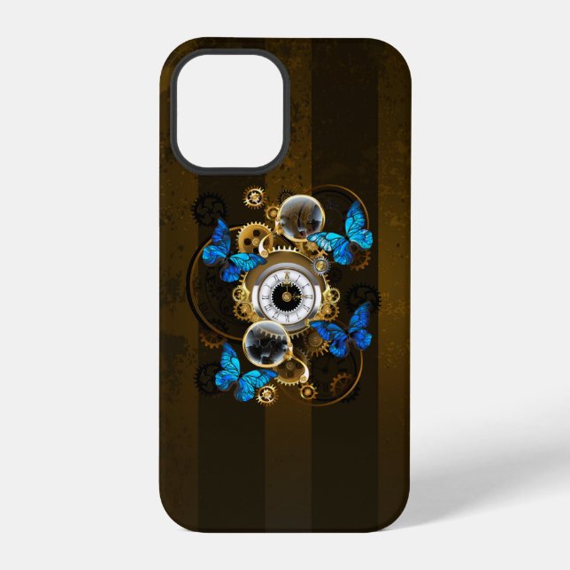 Coque iPhone Engrenages Steampunk et papillons bleus (Verso)