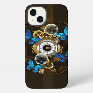Etui iPhone 13 Engrenages Steampunk et papillons bleus