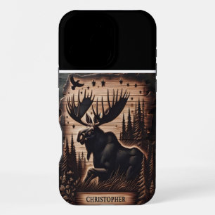 Coque iPhone 16 Pro Max Enseigne en bois personnalisée avec orignal et éto