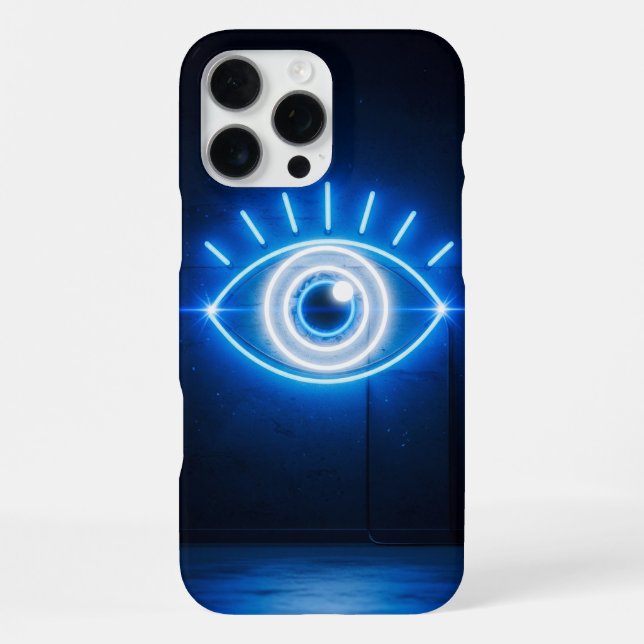 Coque iPhone Enseigne néon Œil mauvais bleu dans le noir (Verso)