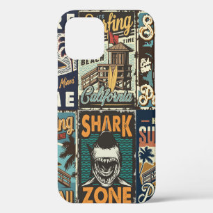 Coque iPhone 12 Ensemble d'affiches de surf colorées vintage avec