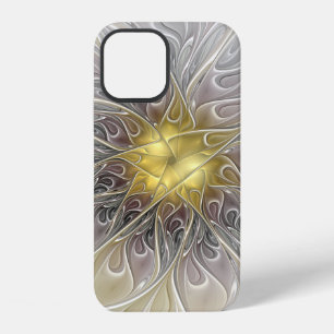 Coque iPhone 12 Épanouir avec fleur fractale abstraite moderne dor