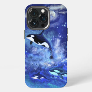 Etui iPhone 13 Pro Épaulards sur pleine lune bleue