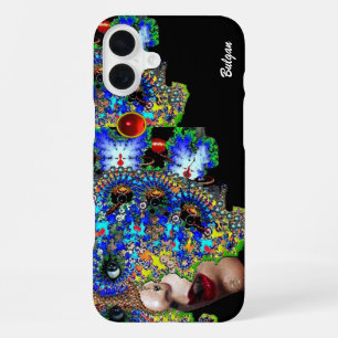 Coque iPhone 16 Plus ÉPHÉMÈRE/ FEMME AVEC MASQUE FRACTAL COLORÉ Rubis