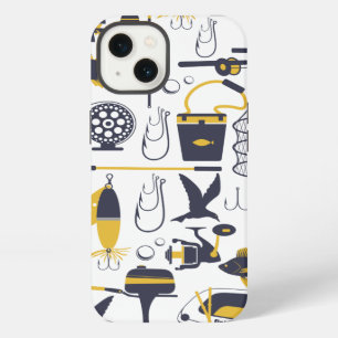 Etui iPhone 13 Équipement de pêche en bleu et or