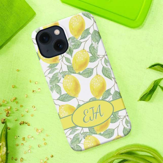 Coque iPhone Été Lemonade Botanique Lémons Jaunes Monogramme (Bright lemon & leaf design phone case with custom monogram, perfect summer style & protection!)