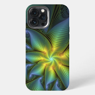 Etui iPhone 13 Pro Max Étoile abstraite, art fractal doré vert bleu brill