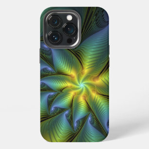 Etui iPhone 13 Pro Etoile Abstraite, Bleu brillant Vert Or Fractal Ar