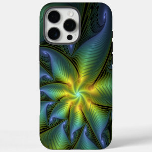 Coque iPhone 16 Pro Max Etoile Abstraite, Bleu brillant Vert Or Fractal Ar
