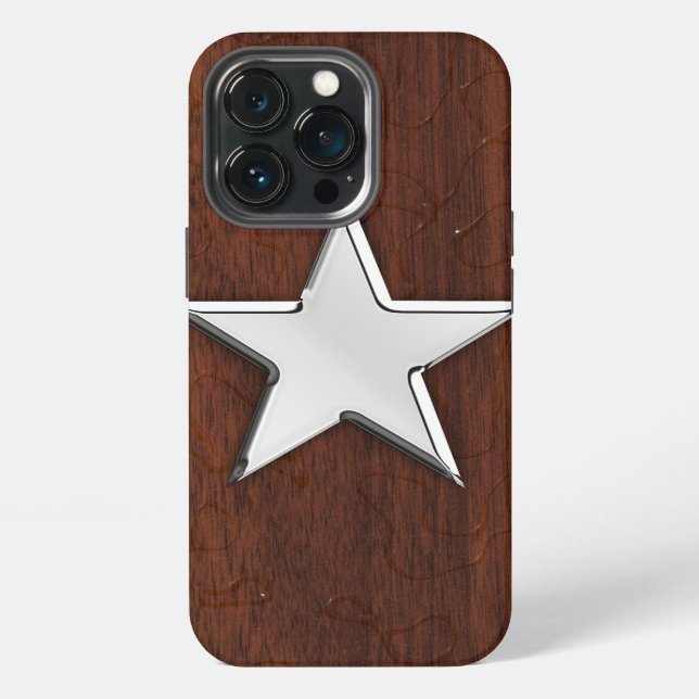 Coque iPhone Étoile chromée sur impression d'acajou humide (Dos)