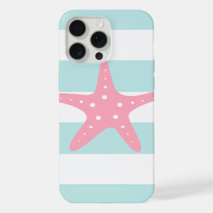 Coque iPhone 15 Pro Max Étoile de mer rose sur rayures menthe