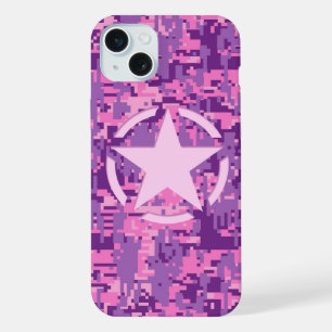 Coque iPhone 15 Plus Étoile sur camouflage numérique rose chaud girly