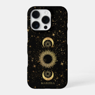 Coque iPhone 16 Pro Étoiles célestes en or noir de la lune Soleil Pers