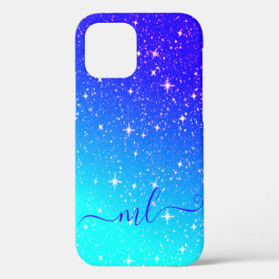 Coque iPhone 12 Étoiles de Galaxie Ciel Bleu Aqua Sarcelle Monogra