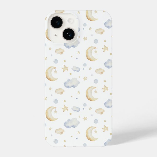 Coque iPhone Etoiles de lune d'aquarelle et Motif de nuage (Verso)