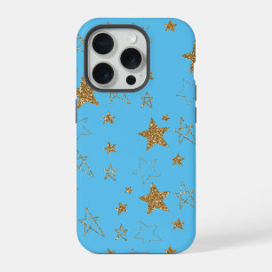 Coque iPhone 15 Pro Étoiles Pailletées Aqua Or