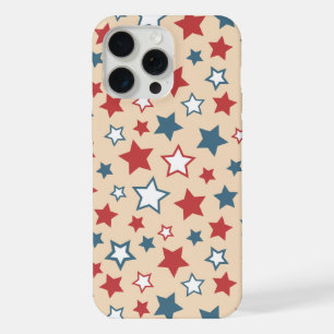 Coque iPhone 15 Pro Max Étoiles rouges et bleues, 4 juillet, fond beige