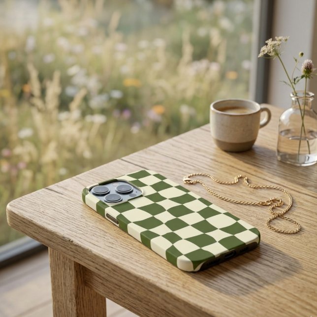 Coque iPhone Étui à carreaux vert olive déformé tendance (Créateur téléchargé)