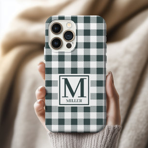 Coque iPhone 15 Pro Étui à motif carreauté vert monogramme pour meille