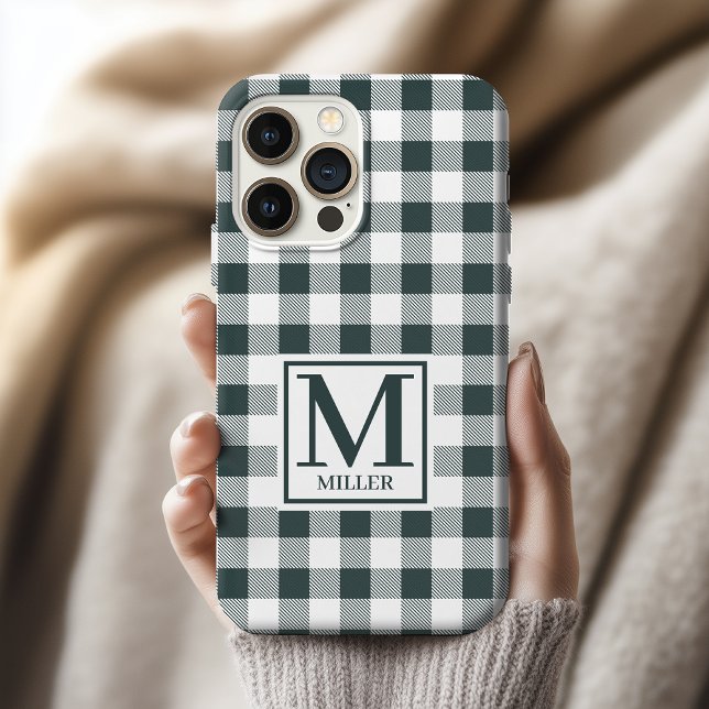 Coque iPhone Étui à motif carreauté vert monogramme pour meille (Green Checkered Custom Phone Case for Mom or Grandma, Custom Name Phone Case Graduation Gift for Her)