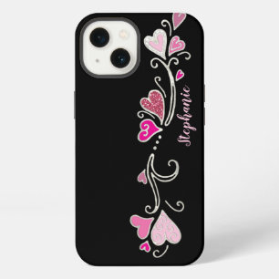 Etui iPhone 13 Étui à motif de doodle avec accents de coeurs rose