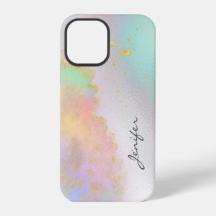 Coque iPhone 12 Pro Étui abstrait holographique or en arc-en-ciel aqua