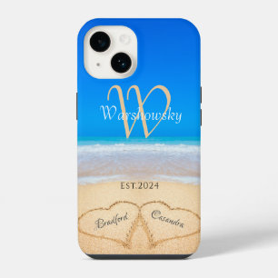 Coque Pour iPhone 14 Étui Couple de la Plage Cœurs dans le Sable Monogr