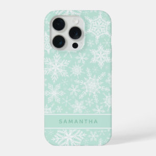 Coque iPhone 15 Pro Étui de Noël personnalisé vert menthe et flocons d