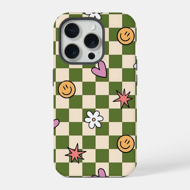 Coque iPhone Étui de téléphone à carreaux verts esthétique (Verso)